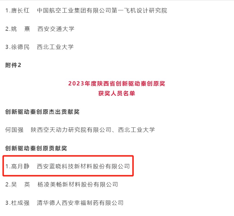 藍曉科技董事長高月靜榮獲2023年度陜西省創新驅動秦創原獎